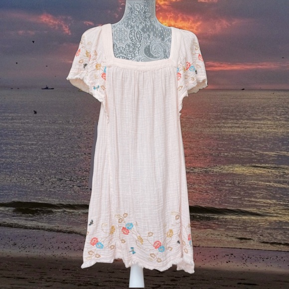 ANTHROPOLOGIE Swim Cover Up Pink Embroidered Gauze Dress - Picture 2 of 14